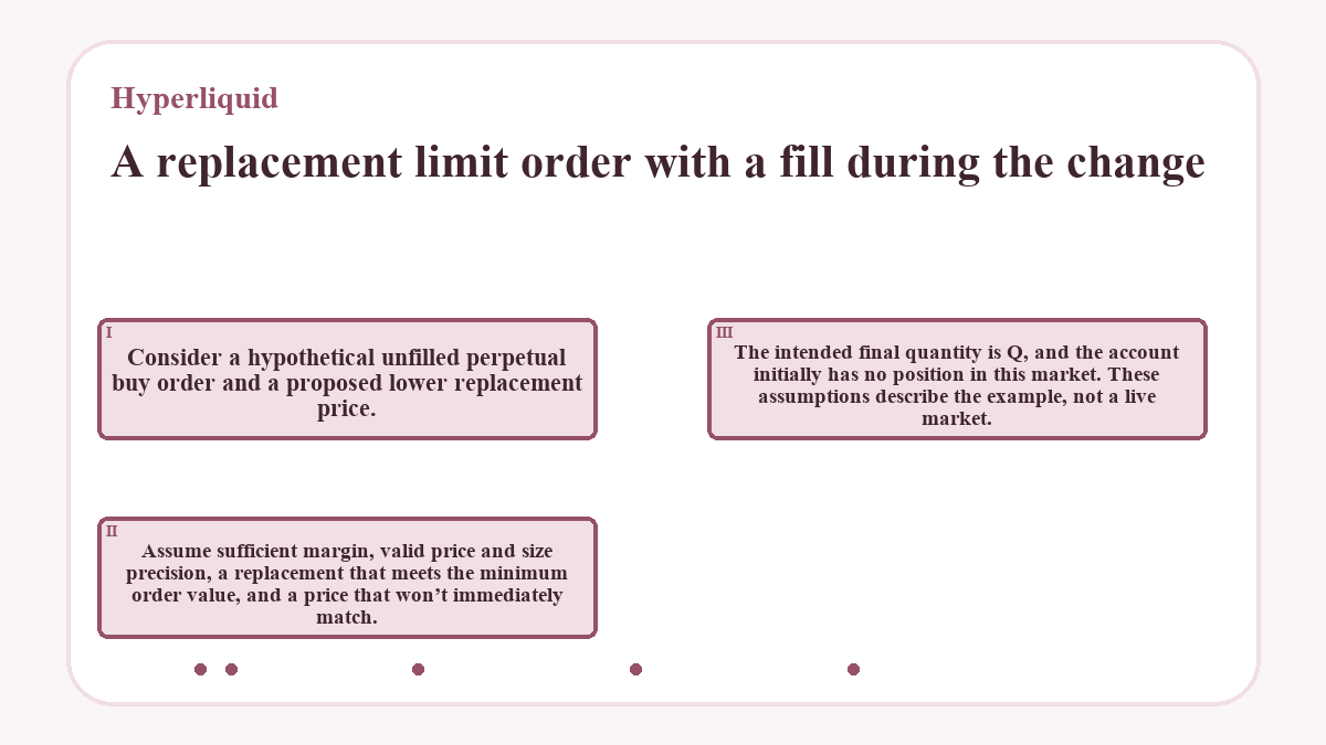 A replacement limit order with a fill during the change: Consider a hypothetical unfilled perpetual buy order and a proposed lower replacement price.; Assume sufficient margin, valid price and size precision, a replacement that meets the minimum order value, and a price that won’t immediately match.; The intended final quantity is Q, and the account initially has no position in this market. These assumptions describe the example, not a live market.